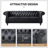 AVZEAR Chesterfield Leather Sofa 3 Seater Couch, Mid-Century Large Sofa Roll Arm Classic Tufted Settee Modern PU Sofa with Channel Tufted Seat Back for Living Room, Office, Apartment, PU Black AVZEAR