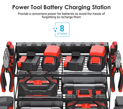 CCCEI Garage Tools Storage with Charging Station. Power Tool Battery Organizer Utility Shelf with Power Strip. 4 Drills Holder Wall Mount Rack, Black 3 Layer.