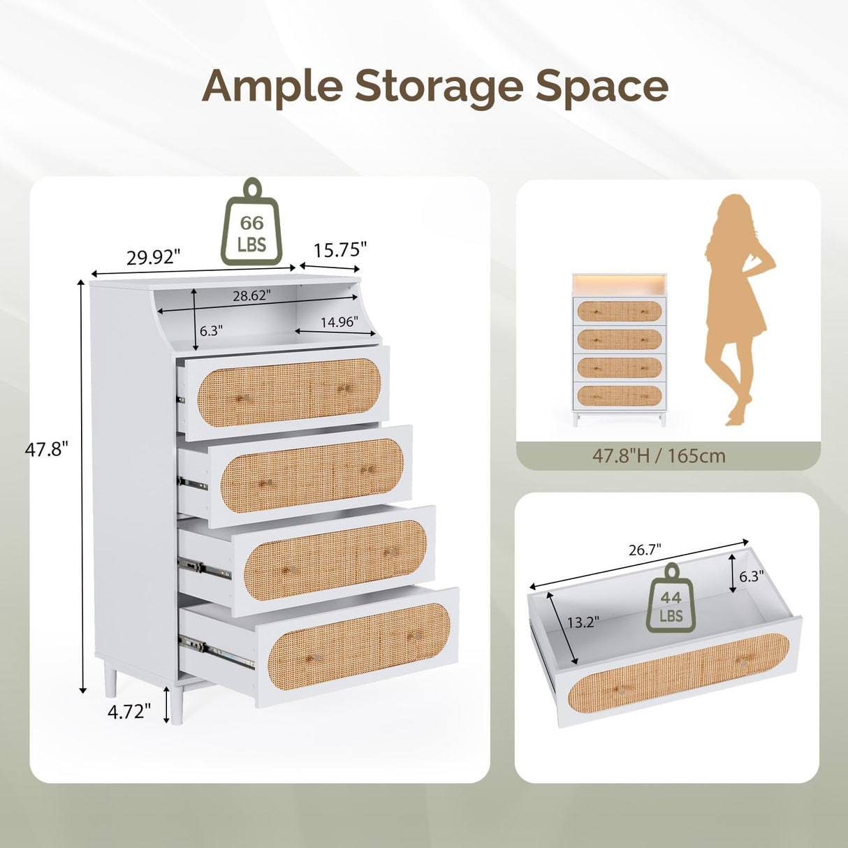 VINGLI White Rattan Dresser with LED Lights, Tall Dresser, Rattan Chest of Drawers for Bedroom, Vertical 4 Drawer Dressers for Bedroom, Boho VINGLI