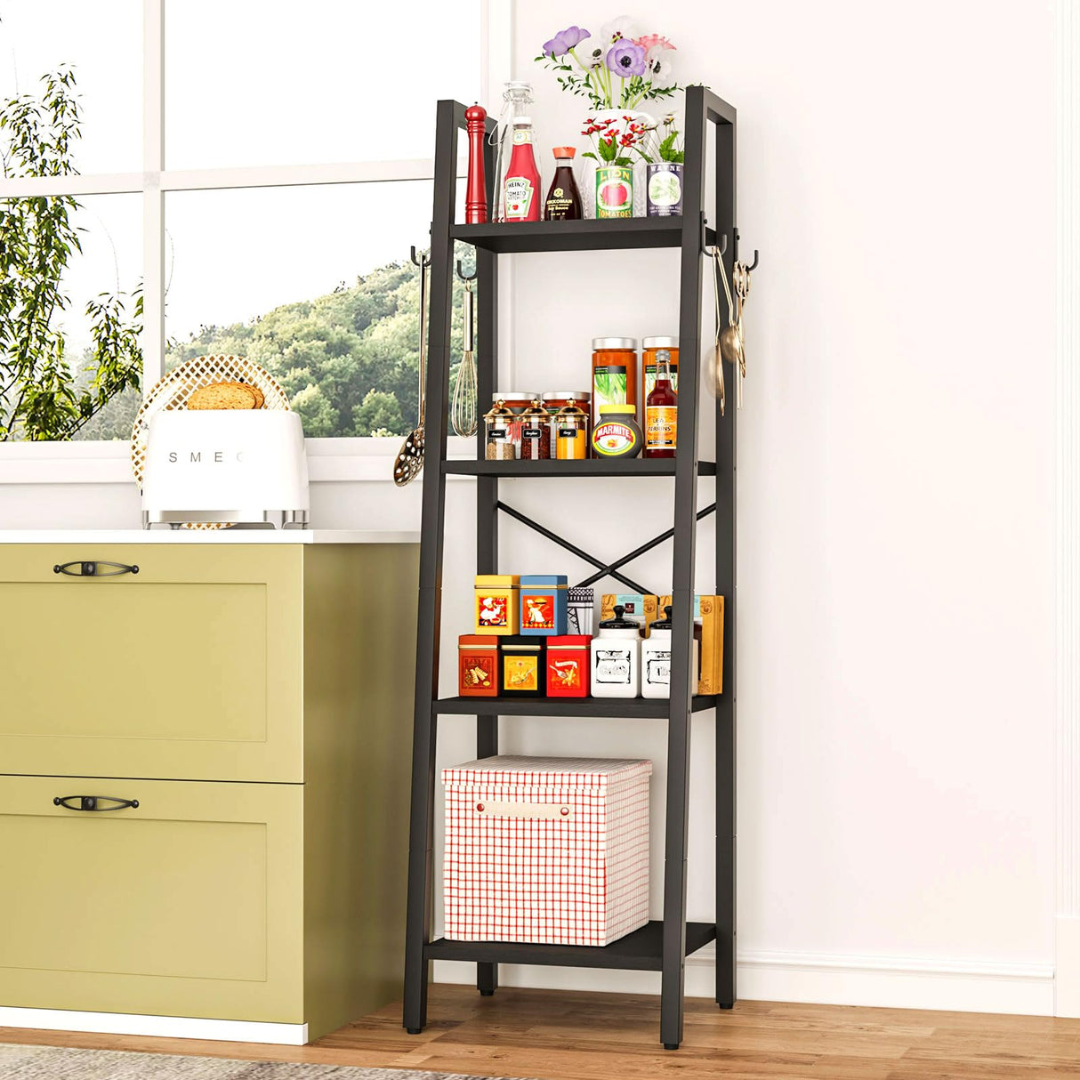 YMYNY 4 Tiers Ladder Bookcase, Industrial Narrow Bookshelf, Open Display Rack with 4 S Hooks, Metal Storage Shelves for Bedroom, Home Office, Living Room, Black, 49.2H*13.4L*11.8W, UHBC024B YMYNY