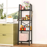 YMYNY 4 Tiers Ladder Bookcase, Industrial Narrow Bookshelf, Open Display Rack with 4 S Hooks, Metal Storage Shelves for Bedroom, Home Office, Living Room, Black, 49.2H*13.4L*11.8W, UHBC024B YMYNY