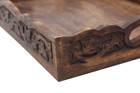Hand Carved Wooden Serving Tray - Decorative Breakfast Tray with Handles - Rustic Wooden Food Tray with Intricate Detail - Unique Furnishing Accent - Natural Finish - 17 x 13 x 2.5 Inch - COTTON CRAFT COTTON CRAFT