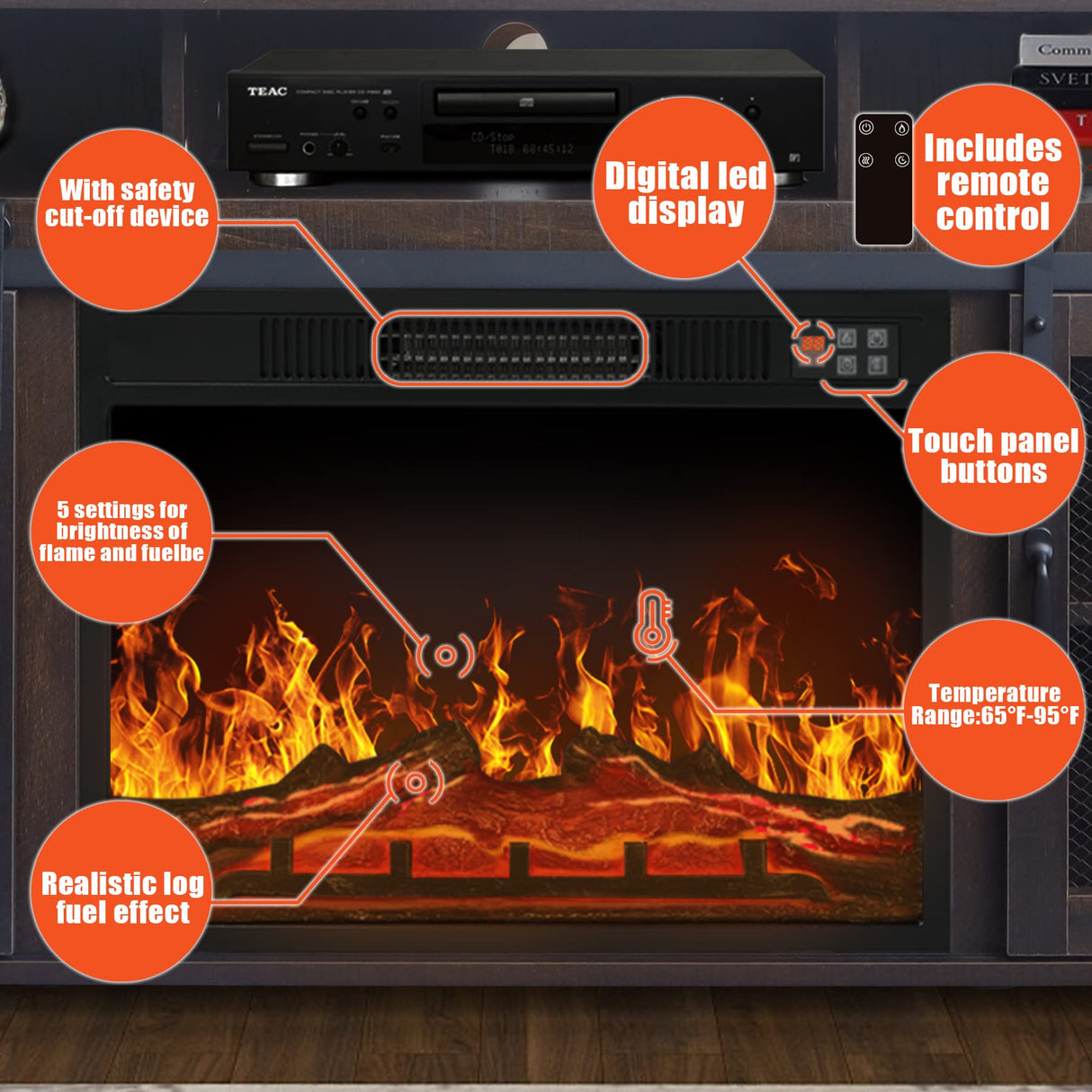 ENSTVER Fireplace TV Stand up to 65",Media Storage Electric Fireplace tv Stands for Living Room(Espresso) ENSTVER