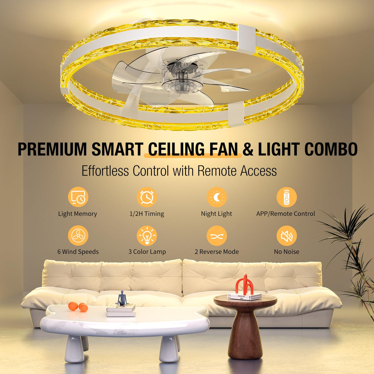 SKRFORM Ceiling Fans with Lights and Remote, 20'' Low Profile Flush Mount Ceiling Fan with 6 Speeds & 3 Color Temperature, 3000-6500K Dimmable Led Fandelier for Bedroom Livingroom, White SKRFORM