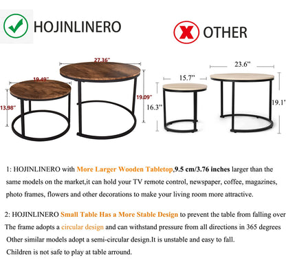 HOJINLINERO Industrial Round Coffee Table Set of 2 End Table for Living Room,Stacking Side Tables, Sturdy and Easy Assembly,Wood Look Accent Furniture with Metal Frame,Black+Rustic Brown - WoodArtSupply