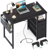 AODK 32-Inch Small Computer Desk with Fabric Drawers and Charging Station, Kids Girls Teen Study Writing Desk for Bedroom, Home Office Desk with Storage Shelf & Bag, Vanity Table for Small Space,Black AODK