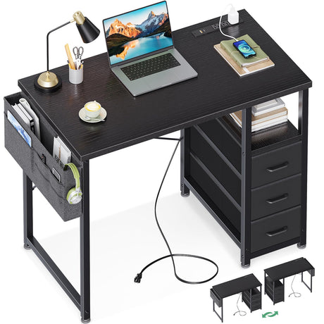 AODK 32-Inch Small Computer Desk with Fabric Drawers and Charging Station, Kids Girls Teen Study Writing Desk for Bedroom, Home Office Desk with Storage Shelf & Bag, Vanity Table for Small Space,Black AODK
