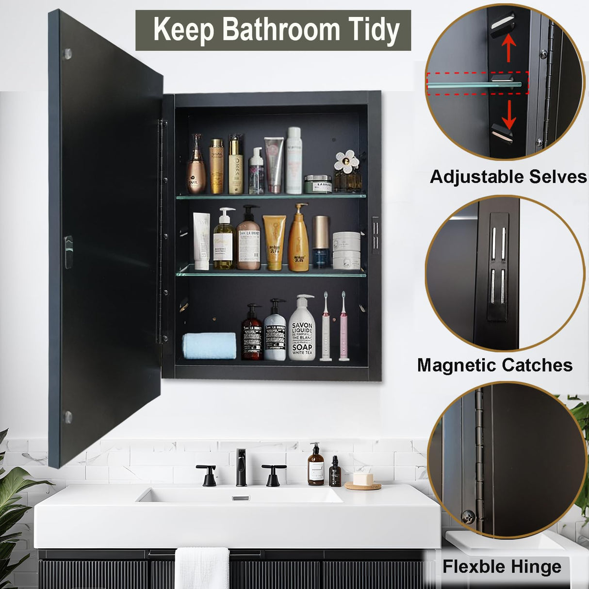 KIMREAL Recessed Medicine Cabinets with Mirror, Black Bathroom Mirror with Storage, Rectangle Medicine Cabinet Vanity Mirrors, Antirust Metal Framed Wall Mirror Recessed or Surface Mount, 16x24 Inch KIMREAL