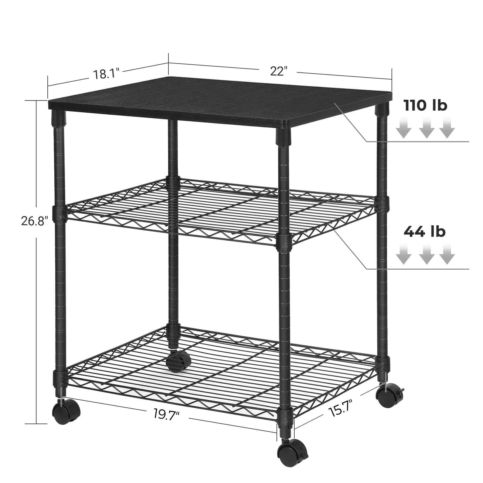 SONGMICS 3 Tier Printer Stand, Printer Table with Wheels, Rolling Printer Cart, Printer Desk with Metal Frame for Home Office, 22 x 18.1 x 26.8 Inches, Black ULGR32BK - WoodArtSupply