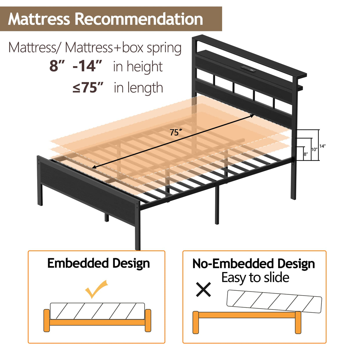 Furnulem Full Size Bed Frame with LED Light and Charging Station, Storage Headboard with 2-Tier Shelves, Metal Platform Bed with Heavy Duty Slats Support, No Box Spring Needed, Black Oak Furnulem