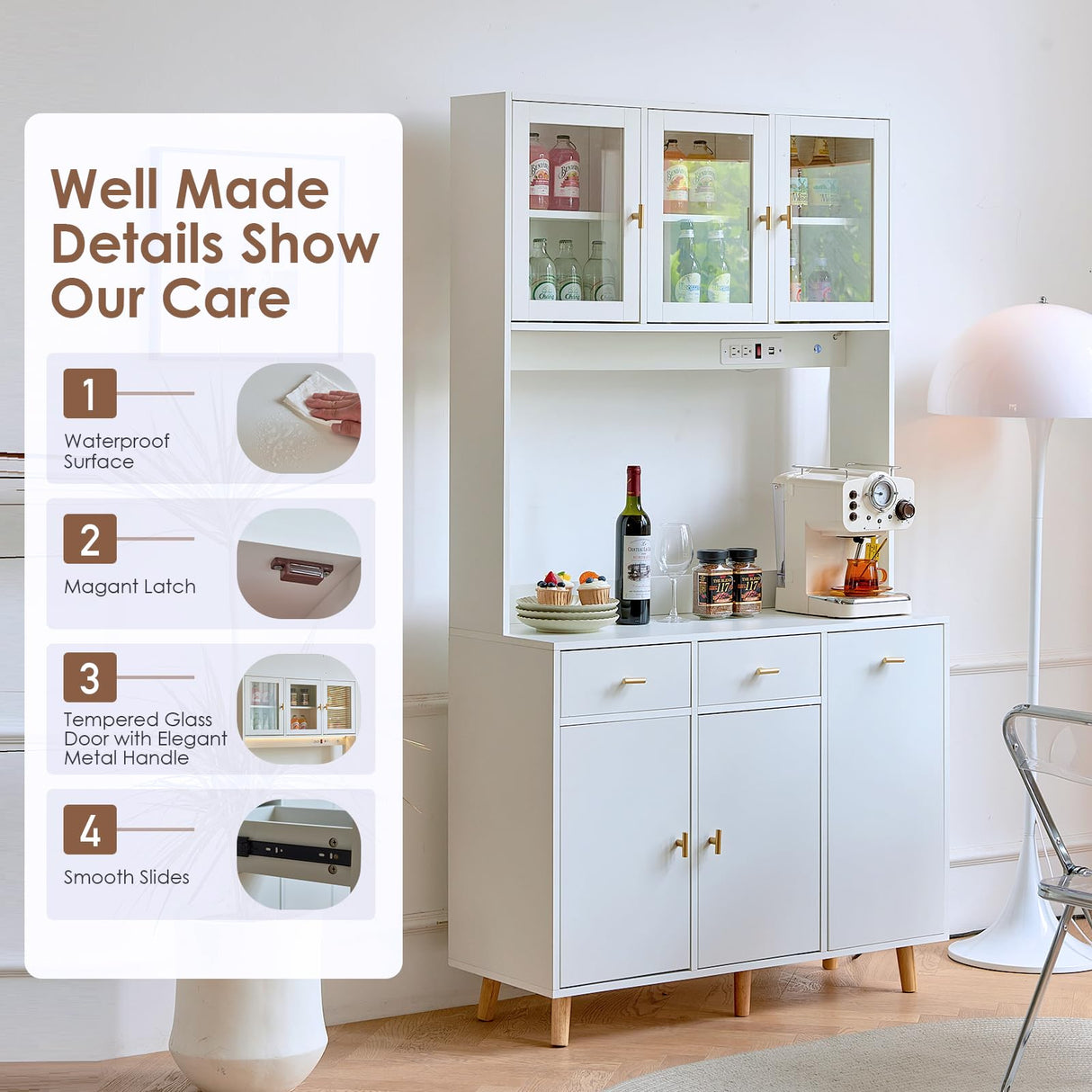 JanflyHome Kitchen Pantry Storage Cabinet with Power Outlet & Light, 73'' Freestanding Hutch Cabinet with Glass Door & Microwave Stand, Tall Cabinet for Dining Room, Adjustable Shelves, White… JanflyHome