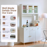 JanflyHome Kitchen Pantry Storage Cabinet with Power Outlet & Light, 73'' Freestanding Hutch Cabinet with Glass Door & Microwave Stand, Tall Cabinet for Dining Room, Adjustable Shelves, White… JanflyHome