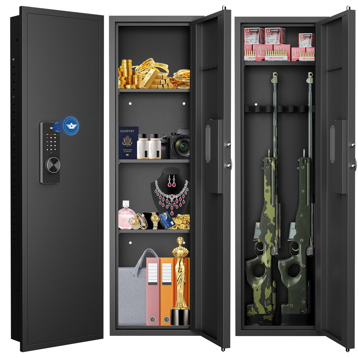 53.15" Tall Wall Safe Between the Studs 16" Centers, Hidden Wall Safes With Removable shelfs and Adjustable Gun Rack, Digital Keypad Wall Gun Safe for Home Rifle, Cash, Jewelry, Documents - Black ZenithZest