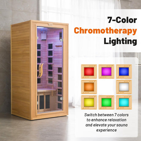 Efficraft Infrared Sauna Indoor, 1 Person Hemlock Wooden Home Sauna, Dry Sauna for Home Spa Room 1350W, Time Temp Pre-Set Sauna Room, w/7 Heating Panels Mini Personal Far Infrared Saunas for Home Efficraft