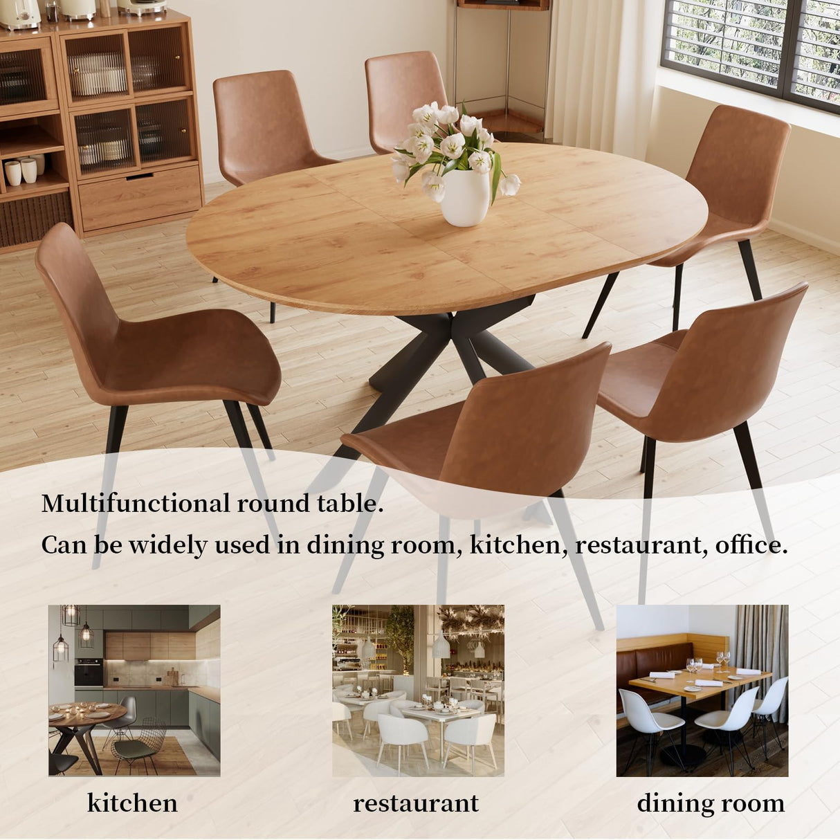 HIPIHOM 43.2"-59.1" Extendable Round Dining Table Set, Mid Century Wooden Round Kitchen Table, Oak Coffee Table for 4-6 Person,PU Leather Chair HIPIHOM