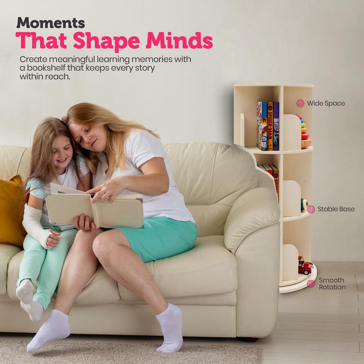 Rotating Kids Bookshelf – 3-Tier 360° Spinning Bookcase Tower, Solid Pine Wood, 12 Cubbies, Toddler Bookshelf Organizer & Lazy-Susan Storage for Nursery, Classroom or Playroom (Natural Finish) Sprinta