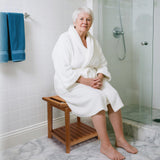 17" Teak Shower Chair with Storage Shelf & Handle, Non-Slip Waterproof Wooden Shower Bench, Stable Bathroom Seat and Heavy Duty Shower Stool for Tub or Indoor Use, Ideal for Elderly, Recovery ACTESE