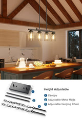 Amico Dining Room Light Fixture 4-Light Kitchen Island Lighting with Adjustable Rods, Farmhouse Decor Black Metal & Wood Chandelier with Seeded Glass Shade, Island Lights for Kitchen Amico