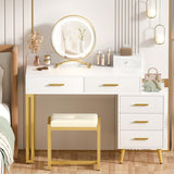 White Vanity Desk with Mirror and Lights, Modern Makeup Vanity Table Set with 6 Storage Drawers and Cushioned Stool for Bedroom, Dressing Table with Divided Organizers for Women Girls, White armocity