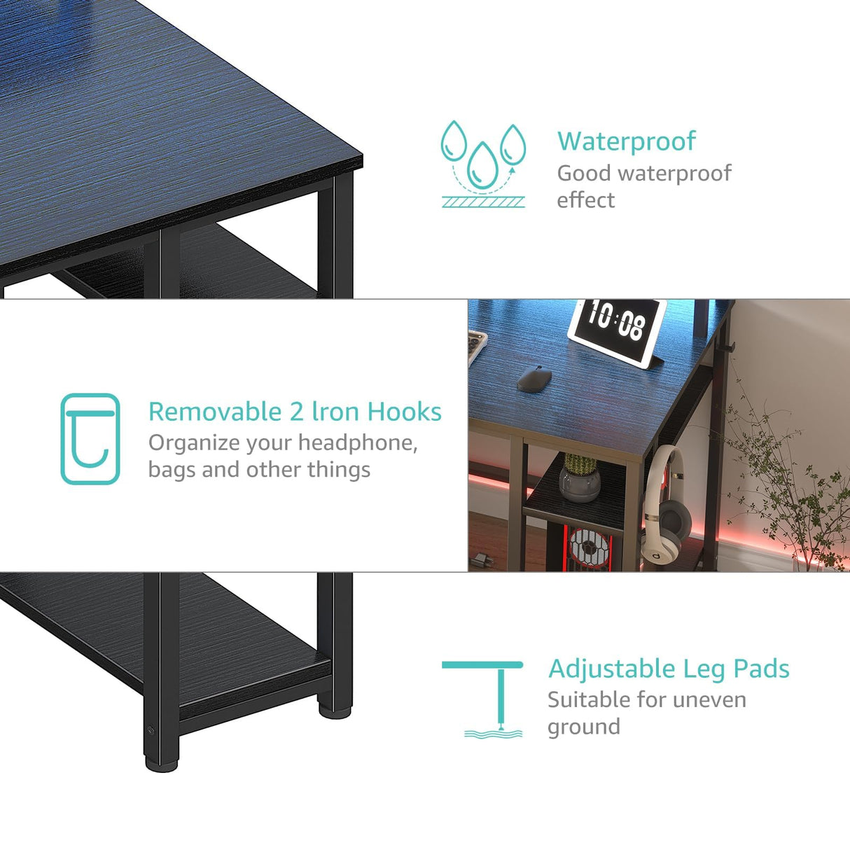 Lufeiya Gaming Desks with Led Lights and Power Outlets, 55 Inch Computer Desk with File Drawers Cabinet, Home Office Desk with Shelves Monitor Stand, Black Lufeiya