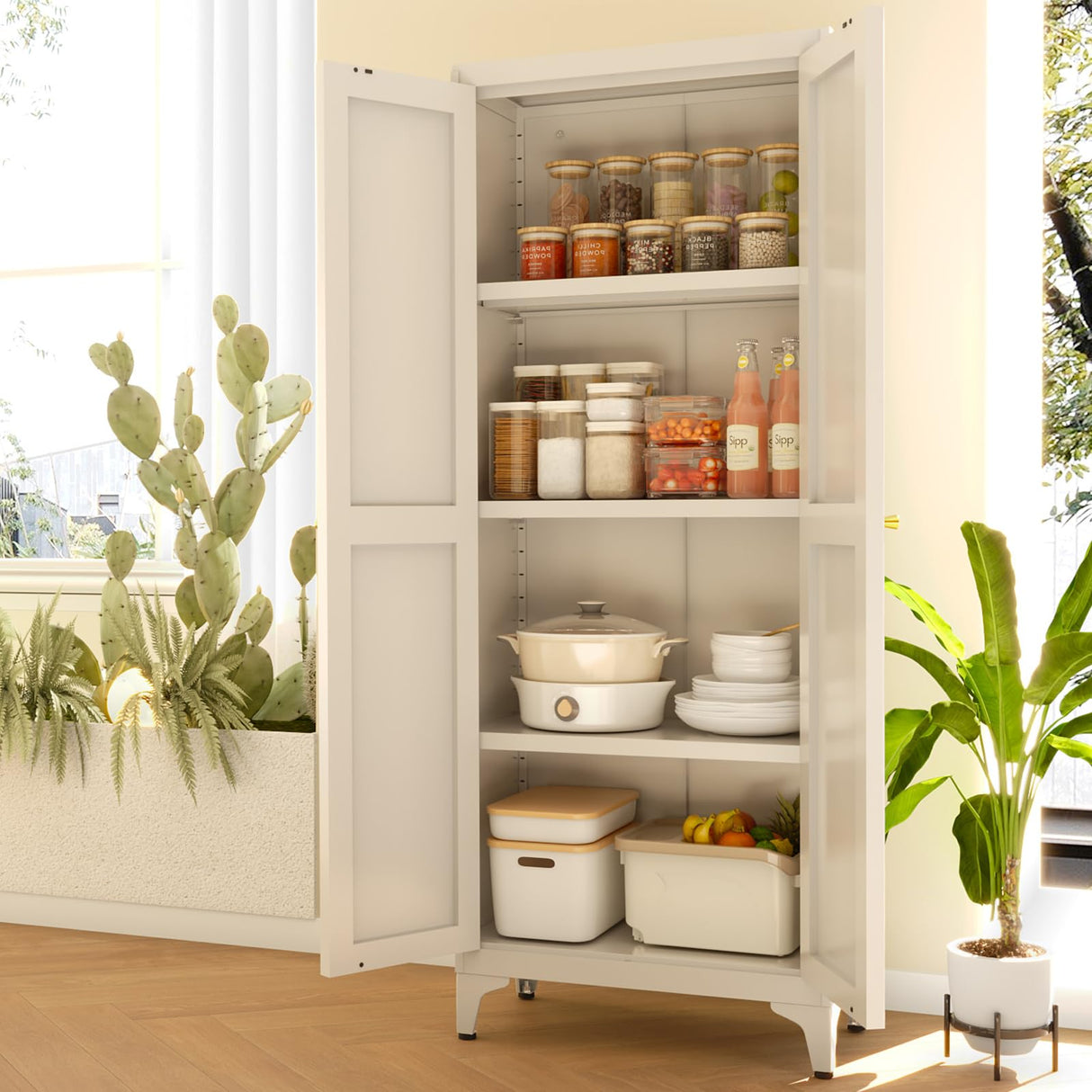 65" Tall Kitchen Cabinet,Food Pantry Cabinets with Doors and Adjustable Shelves,White Metal Storage Cabinets,Large and Portable Arganization Cabinet for Pantries Kitchen Living Room Bathroom Vaernevy