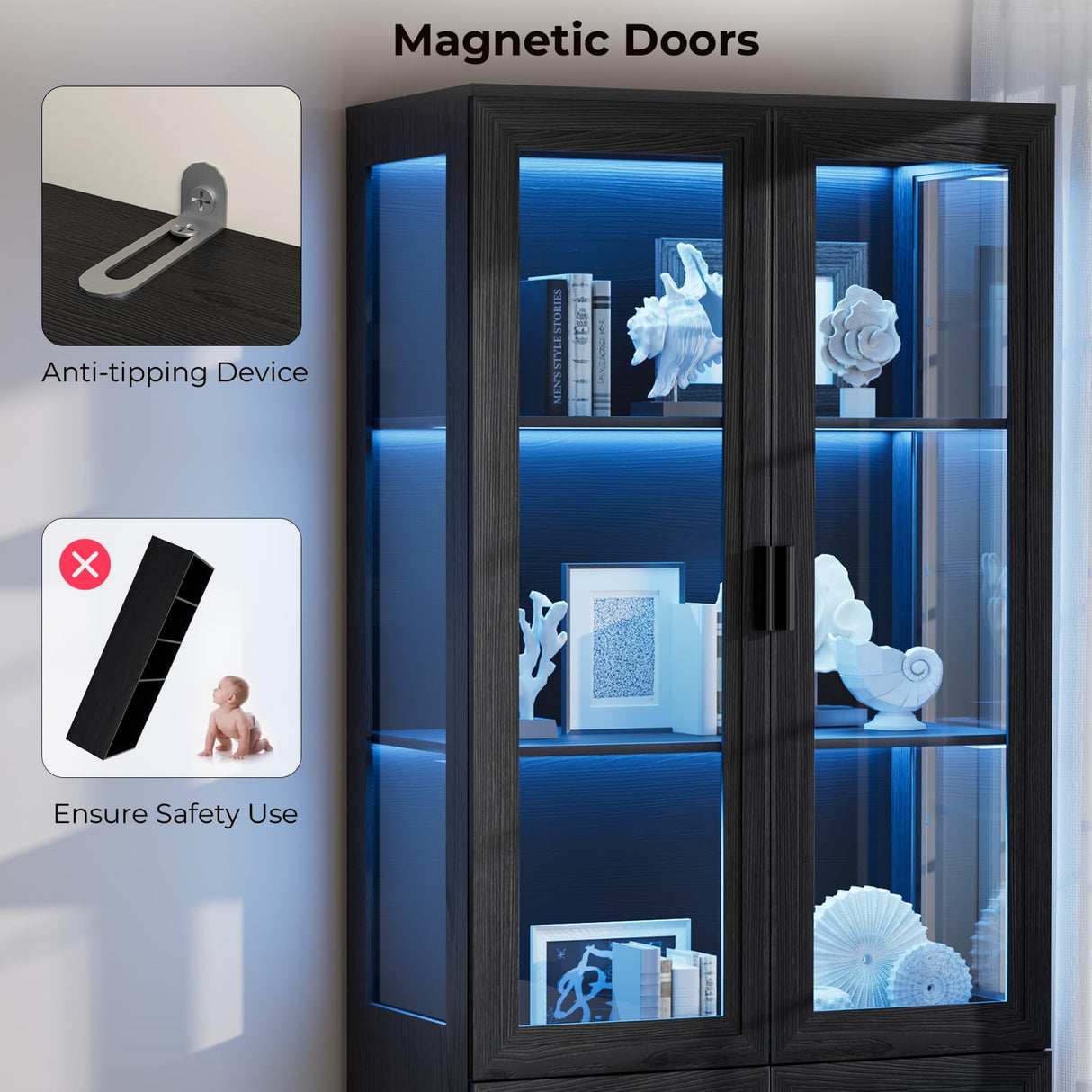 BROTTAR 67" Tall Curio Display Cabinet with Glass Doors, Large Storage Cabinet with LED Lights & Motion Sensor for Collectibles, Book, 4-Tier China Cabinet Bookcase for Living Room (Black) BROTTAR