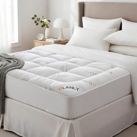 OLANLY Full Mattress Topper – Viscose Made from Bamboo Cooling Pillow Top, Plush Bed Topper with Breathable Quilted Design, Soft Full Mattress Pad for Back Pain Relief, White OLANLY