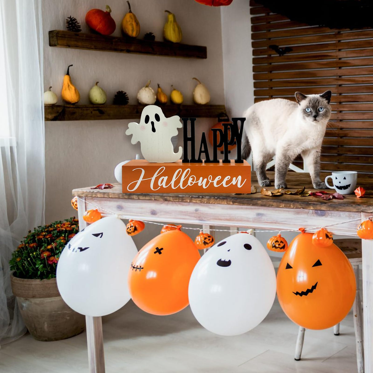 Halloween Decorations Indoor Happy Halloween Sign Ghost Wooden Block Rustic Farmhouse Home Table Top Decor for Fireplace Tier Tray Mantle Haunted House Shelf Eternhome
