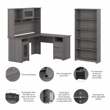 Bush Furniture Cabot 60W L Shaped Computer Desk with Hutch & 5 Shelf Bookcase in Modern Gray - WoodArtSupply