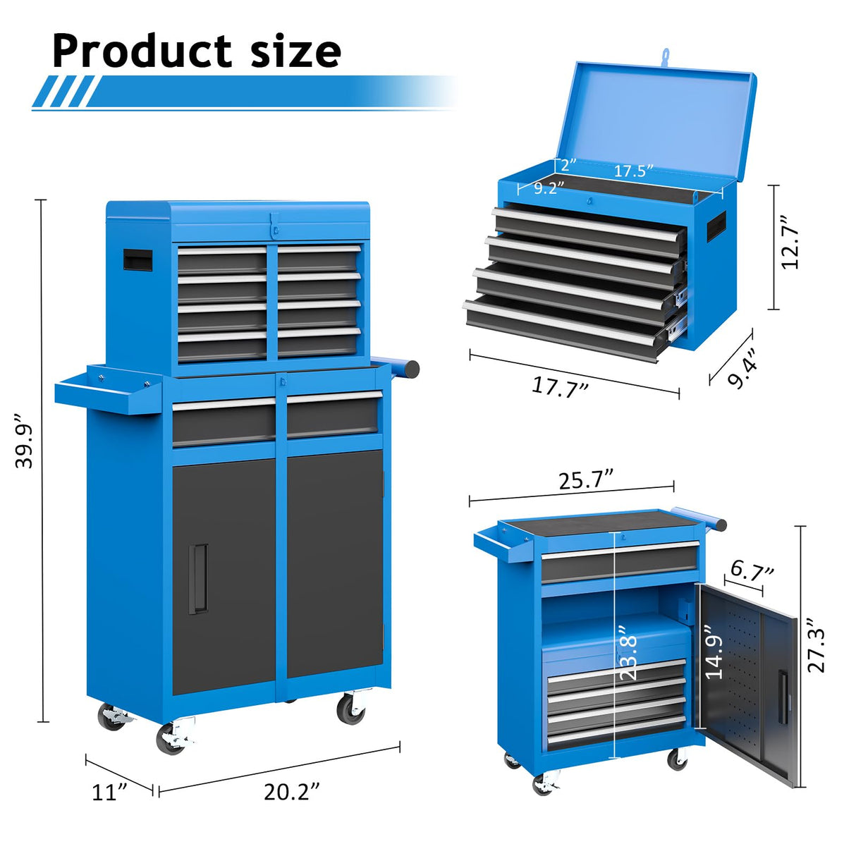 AirWire Tool Chest, 5-Drawer Rolling Tool Storage Cabinet with Detachable Top Tool Box, Enhanced Packaging, Metal Tool Cart for Garage Workshop, Blue AirWire