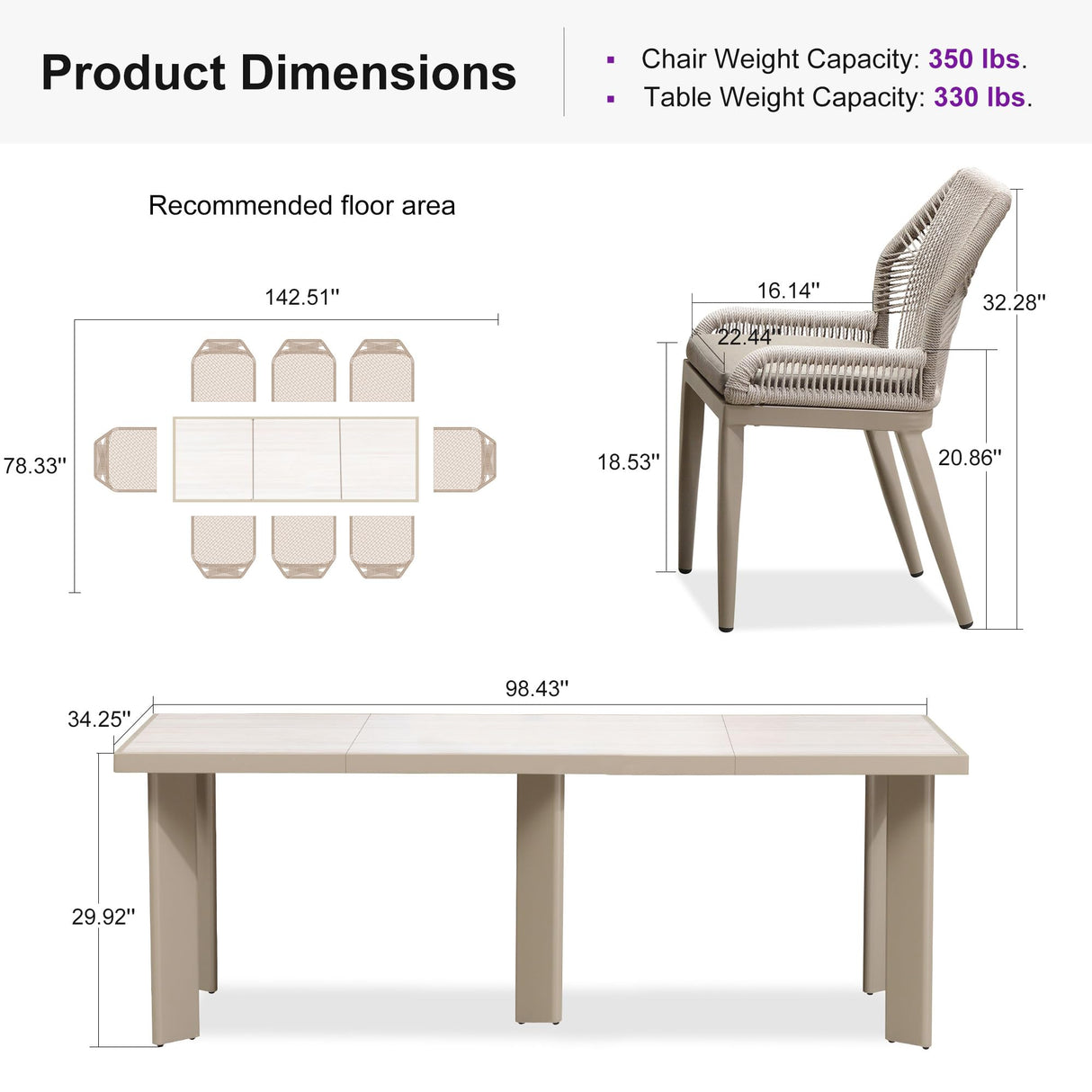 PURPLE LEAF 9 Pieces Patio Dining Set Aluminum Modern Rectangular Table and Wicker Chairs with Cushions for Kitchen Porch Garden Outdoor Furniture Sets, Champagne PURPLE LEAF