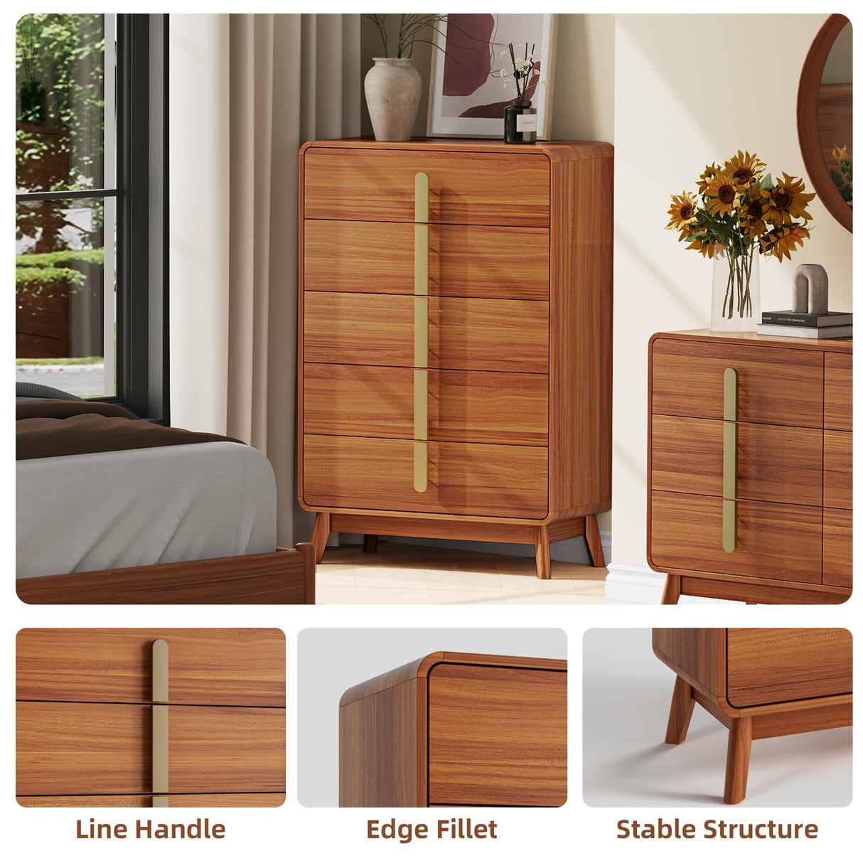 JOINICE,Mid Century Modern Dresser,5 Drawer Dresser with Storage,Chest of Drawers with Metal Handle,Large Wooden Drawer Organizer,Tall Dresser for Bedroom,Living Room,Hallway,Cherry JOINICE