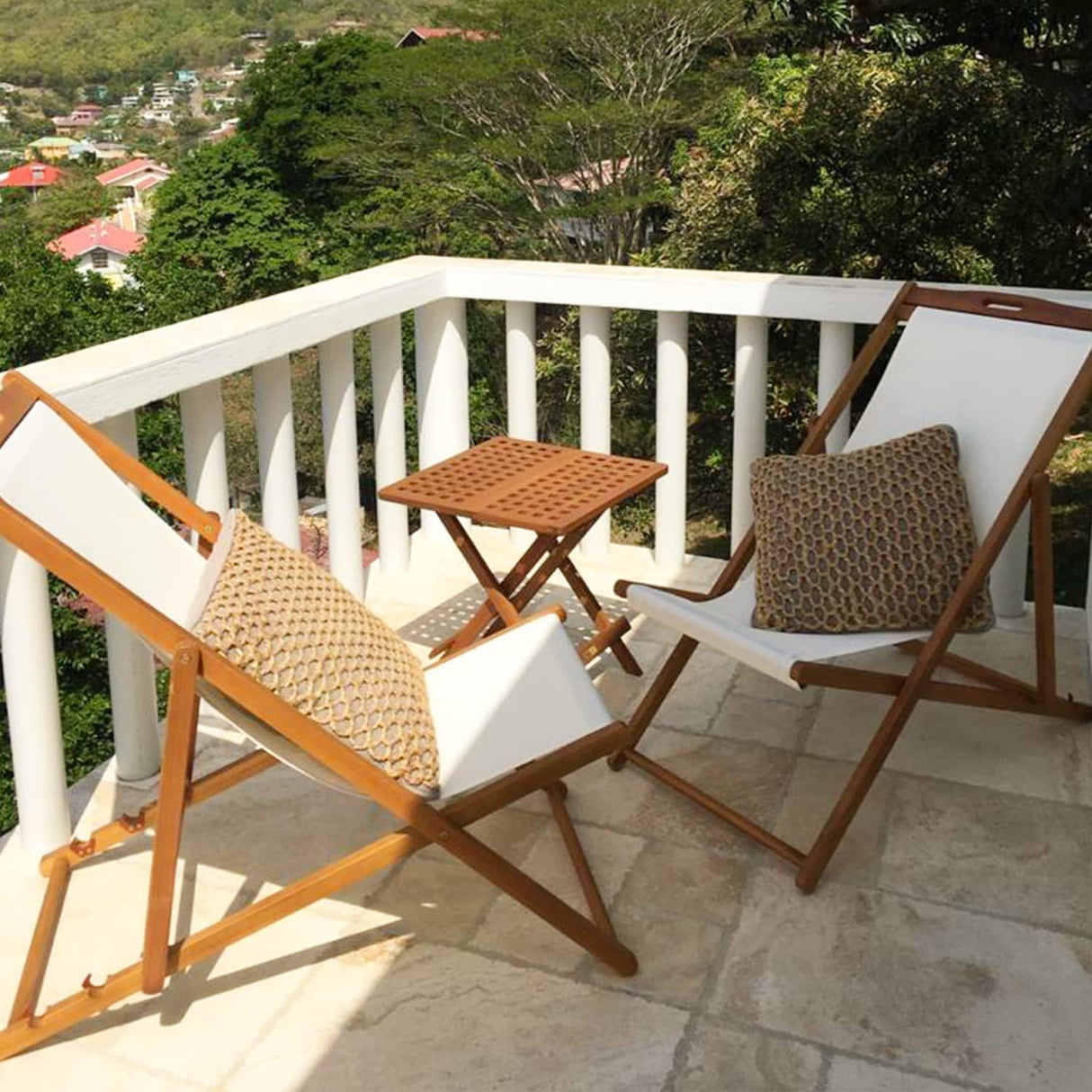 FDW Beach Sling Patio Chair for Relaxing, Foldable with Adjustable Height made from Eucalyptus Wood with White Polyester (White, Brown) FDW