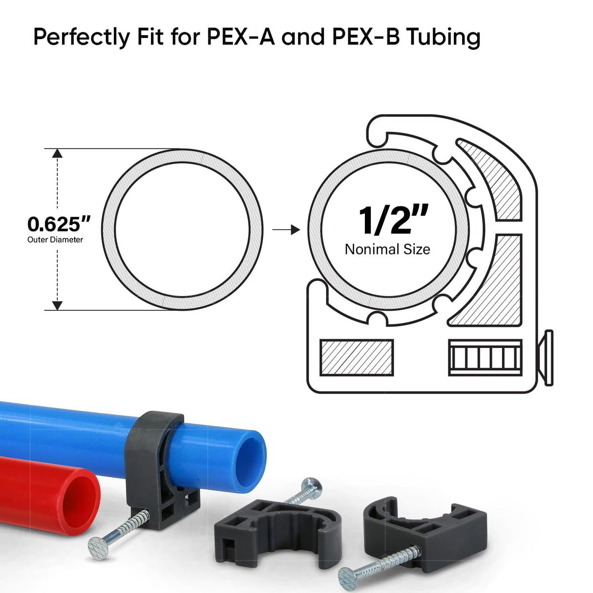 Highcraft ID234x50 Half Clamp J-Hook with Nail For Pex Tubing Pipe Support, 1/2 in, Black HIGHCRAFT