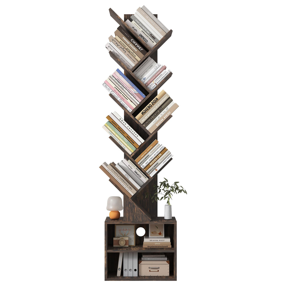 Azaeahom 8 Tier Tree Bookshelf, Wood Bookcase with Storage Cabinet, Modern Tall Narrow Bookshelves Organizer, Floor Standing Book Shelf for Bedroom/Living Room/Home Office/Corner (Brown, 8 Tier) Azaeahom