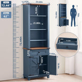 Joaxswe 72in Tall Bookshelf 7 Tier Bookcase with Drawer and Barn Doors and Adjustable Shelves, Blue Farmhouse Book Shelf with Storage Cabinet, Wood Freestanding Display Bookshelves for Kitchen (2PCS) Joaxswe