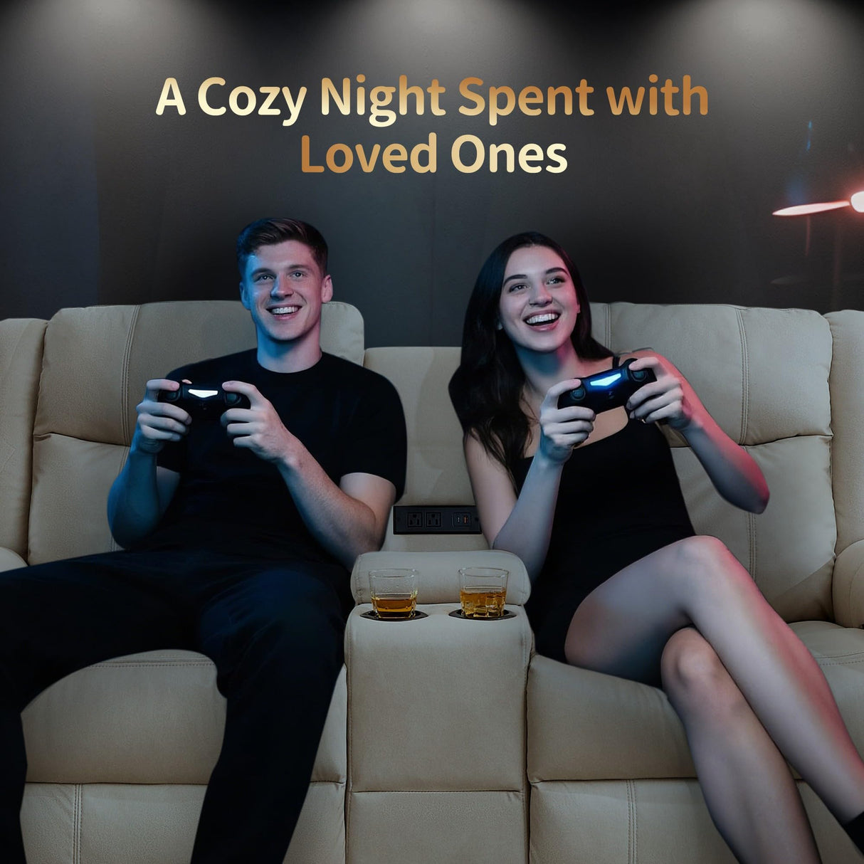 Korser Loveseat Recliner Sofa, Reclining Loveseat Couch with Manual Pull Tab, Reclining Couch with Console, USB Port, US Outlets, and Cup Holders, 2-Seater Performance Fabric Sofa for Living Room, RVs Korser