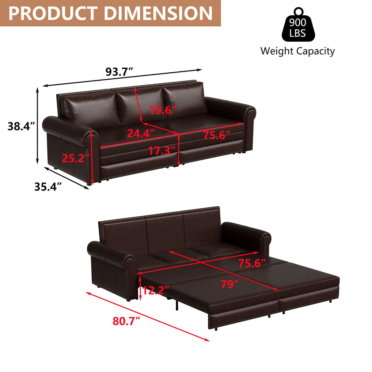 Tmsan 93.7" King Pull Out Sofa Bed, 3 in 1 Convertible Sleeper Sofa, 3 Seat Couch with Nailhead Trim & Rolled Arm for Living Room, Apartment, Dark Brown PU Leather Tmsan