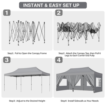 10x20 Heavy Duty Pop Up Canopy Tent with 6 Removable Sidewalls, Easy Setup Commercial Outdoor Canopy, Upgraded Waterproof Windproof Canopy for Parties with Roller Bag, Frame Thickened