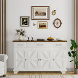 REVOMINCA 55 Inch Buffet Cabinet with 3 Drawers and 4 Barn Doors, Sideboard Coffee Bar for Kitchen, Farmhouse Coffee Bar with Storage, White REVOMINCA