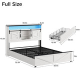 Maupvit Farmhouse Full Size Bed Frame with 4 Drawers and Bookcase Headboard, Sliding Barn Door Storage Shelves, Charging Station，LED Light Metal Platform Bed Frame No Box Spring Needed, White Door K Maupvit