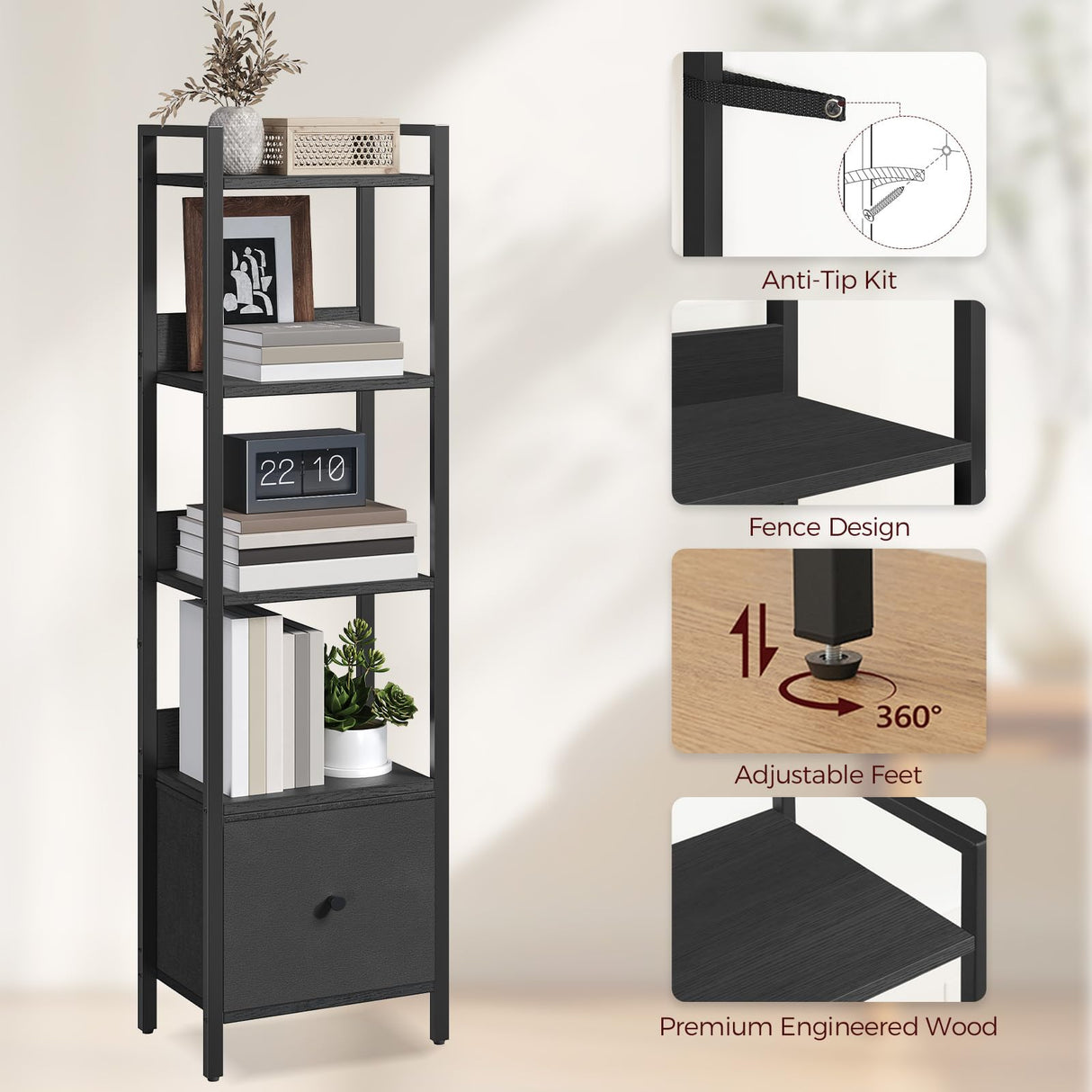 MAHANCRIS Bookshelf, 5-Tier Bookcase with Drawer, Small Book Shelf for Small Space, Storage Shelf Organizer, for Living Room, Bedroom, Study, Kitchen, Black BKHB55101 MAHANCRIS