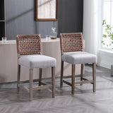 DM Furniture 27" Farmhouse Counter Height Bar Stools Set of 4 for Kitchen Island Midcentury Linen Upholstered Stool Chairs with Wicker Backrest and Wood Legs for Home Bar/Dining Counter/Patio, Grey DM Furniture