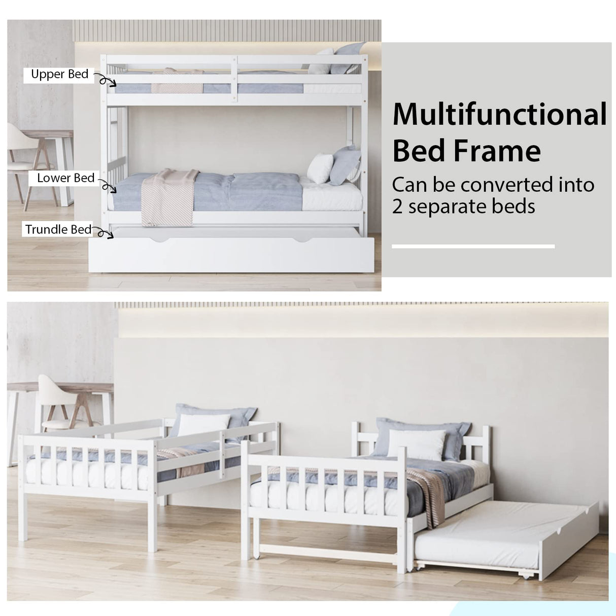 KOTEK Pull-Out Bunk Bed with Trundle, Twin Over Full, Twin Over 2 Twins Bunk Bed with Ladder & Safety Rails Accommodate 4 People, Detachable Solid Wood Bunk Bed for Kids, Adults (White) KOTEK
