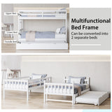 KOTEK Pull-Out Bunk Bed with Trundle, Twin Over Full, Twin Over 2 Twins Bunk Bed with Ladder & Safety Rails Accommodate 4 People, Detachable Solid Wood Bunk Bed for Kids, Adults (White) KOTEK