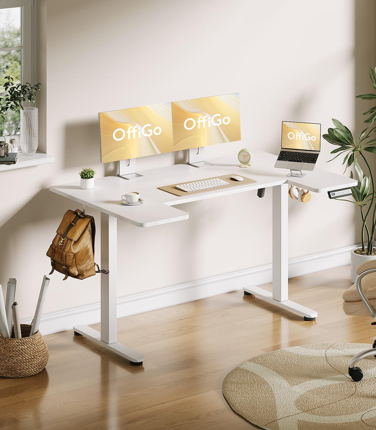 OffiGo U Shaped Electric Standing Desk, 55 Inch Height Adjustable Desk, Sit Stand Table, Writing Computer Desk for Home, Office, Workstation, White OffiGo