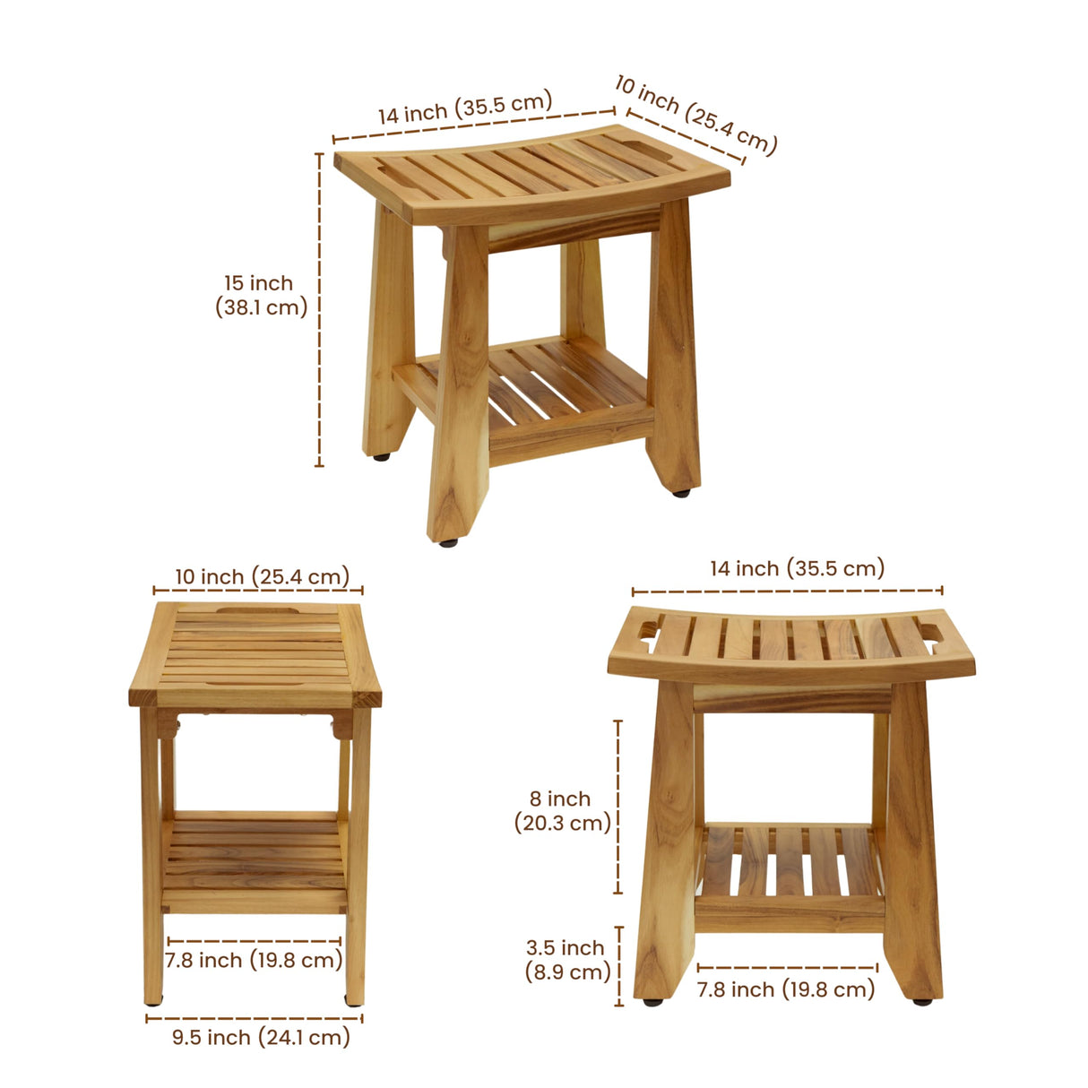 TEAKAURA Teak Shower Bench Stool, 14'' Compact Waterproof Wood Spa Bath Bench with Storage Shelf & Handle, Non-Slip Solid Teak Shower Seat Chair for Small Bathrooms Inside Shower and Outdoor Use TEAKAURA