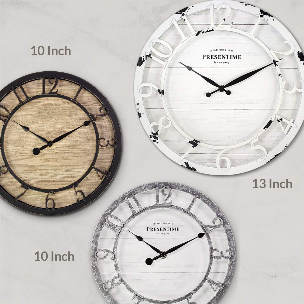 Presentime & Co 13" Farmhouse Series Wall Clock, Quartz Movement, Shiplap Style, Raised 3D Arabic Numeral, Antique Distressed White Presentime