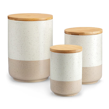 vancasso Sabine Canister Sets for Kitchen, Ceramic Kitchen Canisters for Countertop with Airtight Wood Lids, Large Flour and Sugar Containers for Coffee, Tea, Spice (Set of 3) vancasso