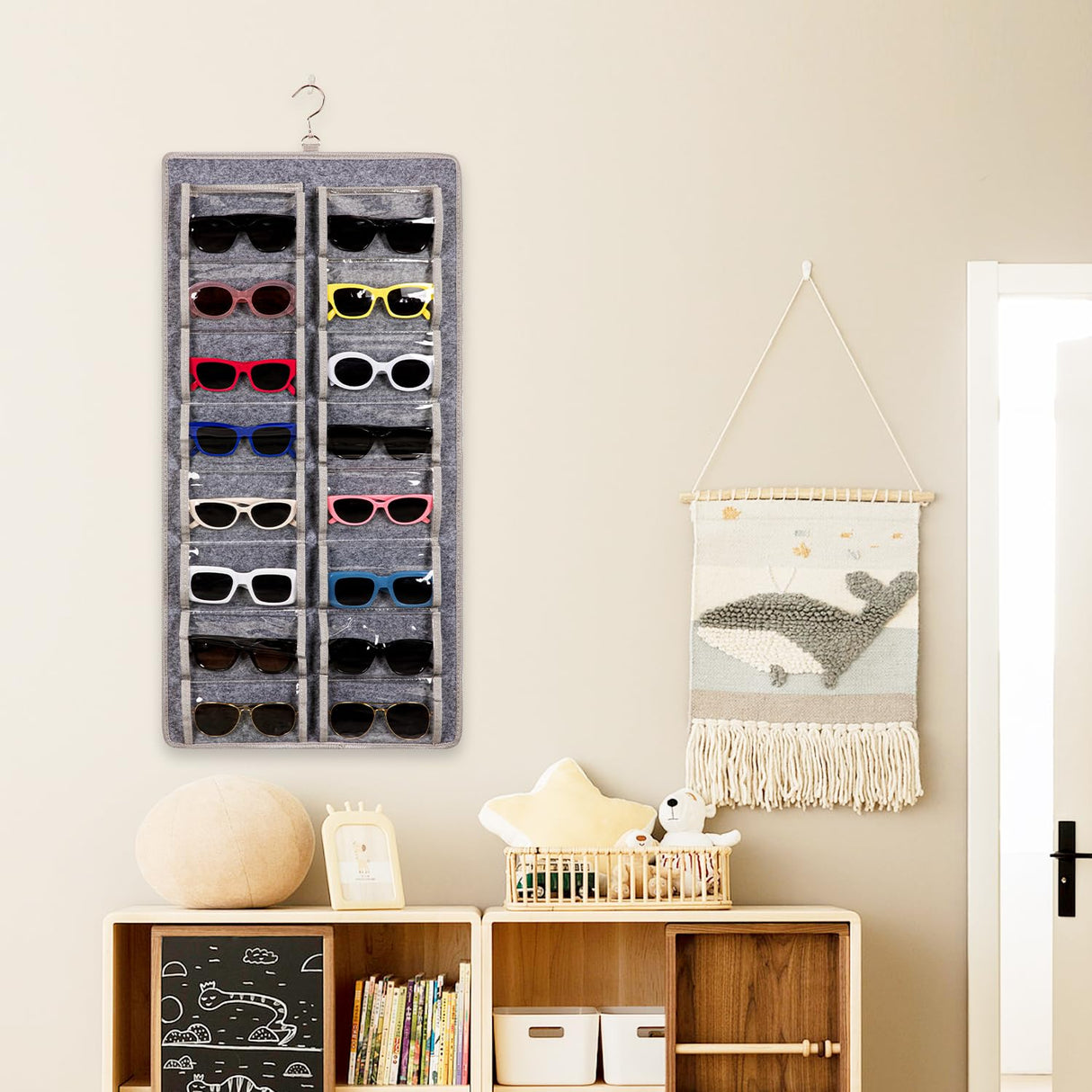 KGMCARE Dual Sided Sunglasses Storage organizer case, Eyeglasses Holder Wall Mounted with 32 Clear Slots & Metal Hook, Dust Proof Sunglasses Storage Case KGMCARE